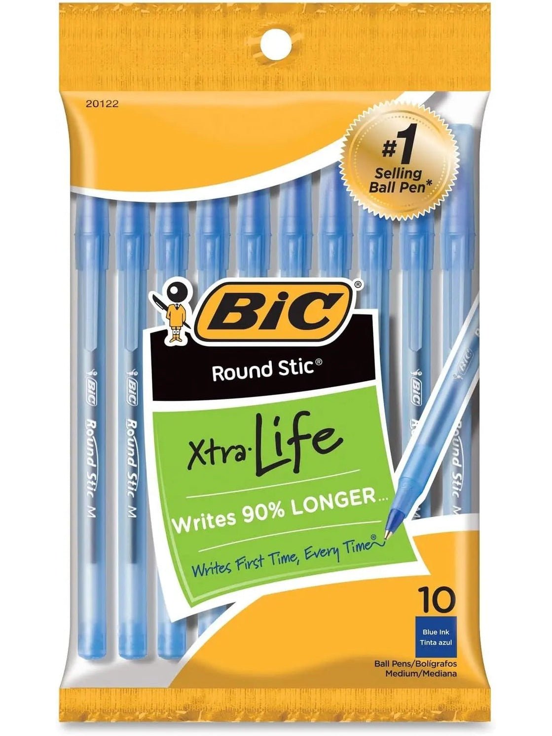 5 BIC Round Stic Xtra Life Blue Ballpoint Pens, Medium Point (1.0mm), 10-Count Pack of Bulk Pens - Shippin Texas