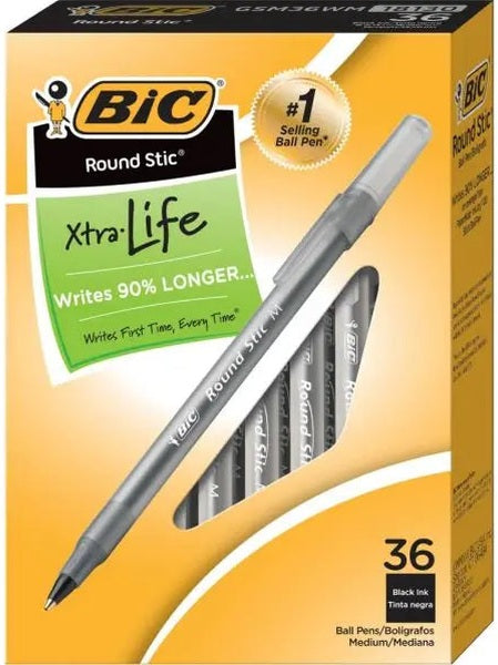 BIC Round Stic Xtra Life Ballpoint Pens, Medium Point, 1.0 mm, Translucent Barrel, Black Ink, Pack Of 36 Pens BIC