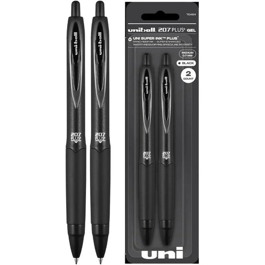 Uniball 207+ Black Retractable Gel Pens 2 Pack with Medium 0.7mm Points Uniball