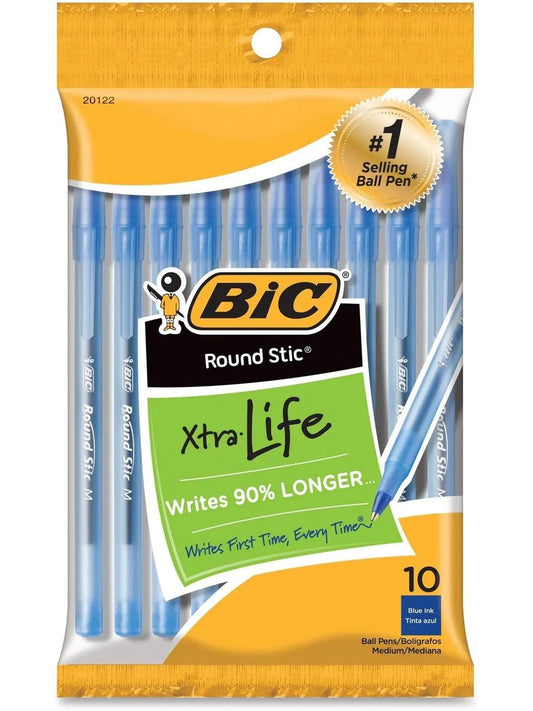 5 BIC Round Stic Xtra Life Blue Ballpoint Pens, Medium Point (1.0mm), 10-Count Pack of Bulk Pens BIC