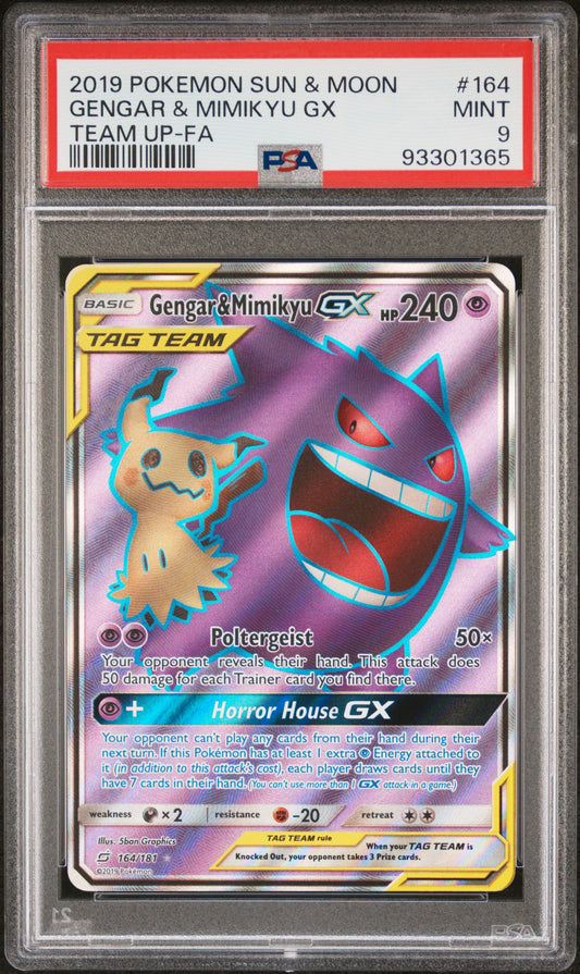 2019 POKEMON SUN & MOON TEAM UP #164 FULL ART/GENGAR & MIMIKYU GX | PSA 9