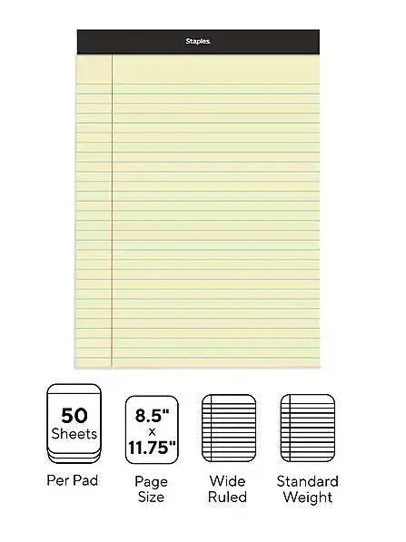 Staples Notepads, 8.5" x 11.75", Wide Ruled, Canary, 50 Sheets/Pad Staples